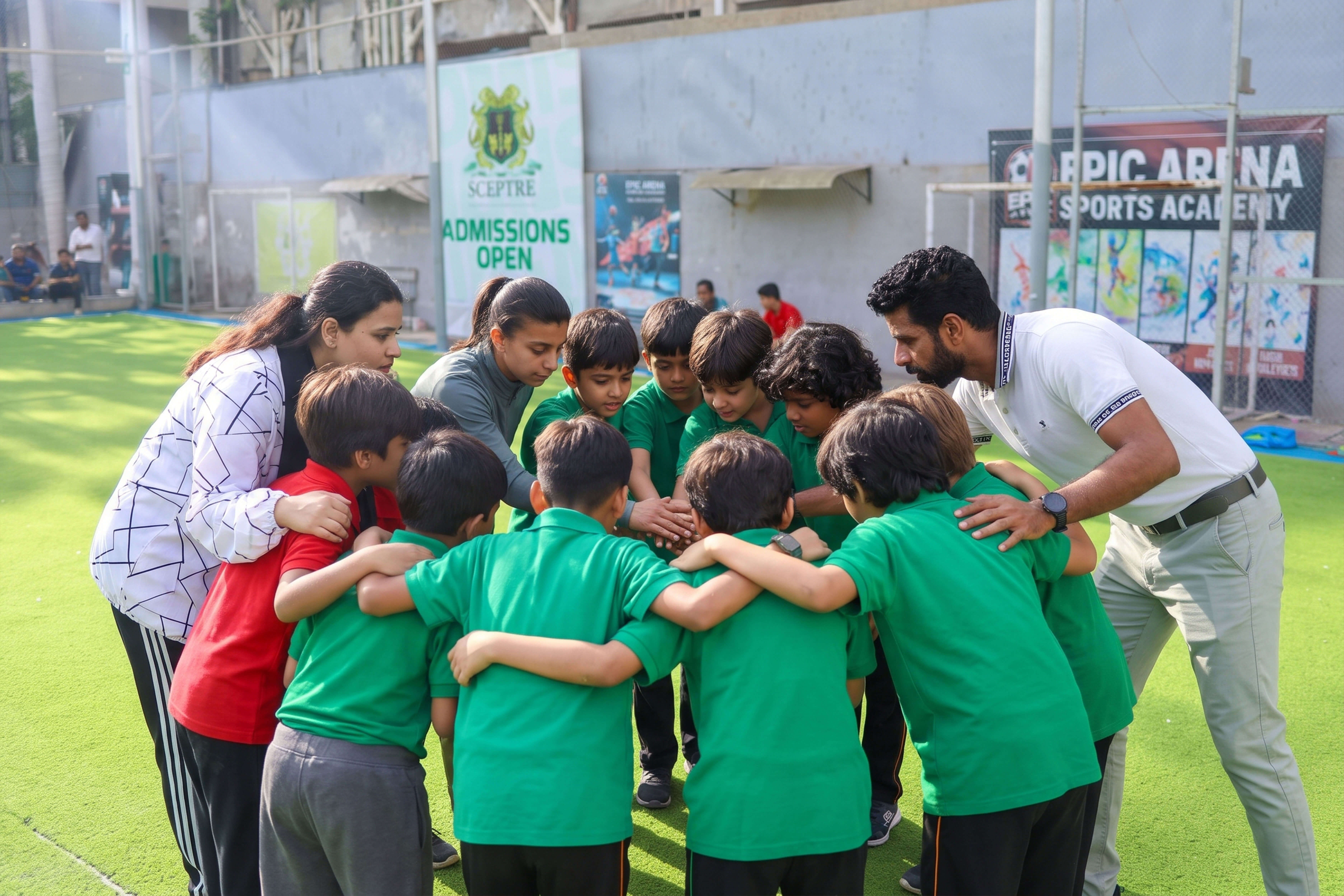 Students gathering with their coach during a sports activity
