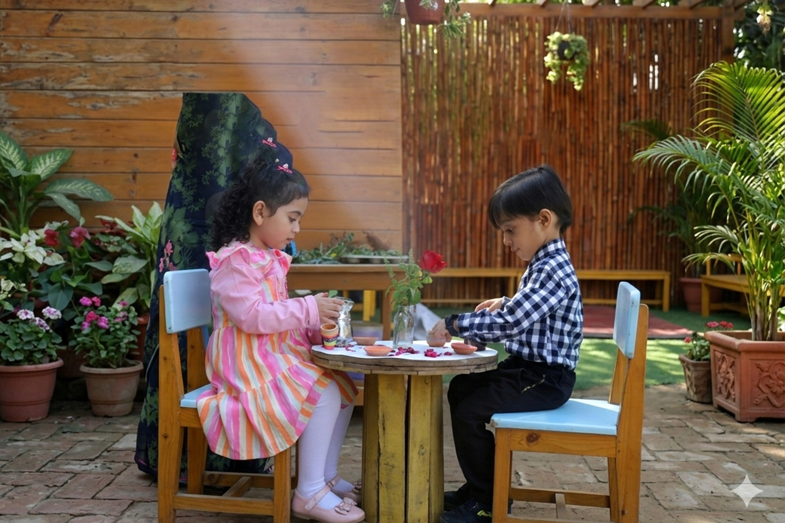 Children sharing a story with their teacher in a reading corner